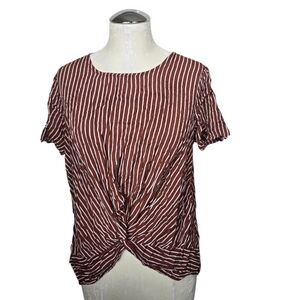 Persaya Brown White Striped Twist Knot Keyhole Short Sleeve Shirt L